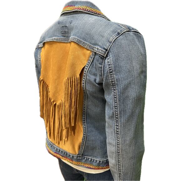 Custom Upcycled GAP Denim Jacket Fringe & Rainbow Trim Sz Small S - Picture 8 of 8
